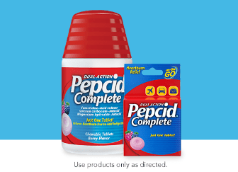 pepcid complete products in front of blue background